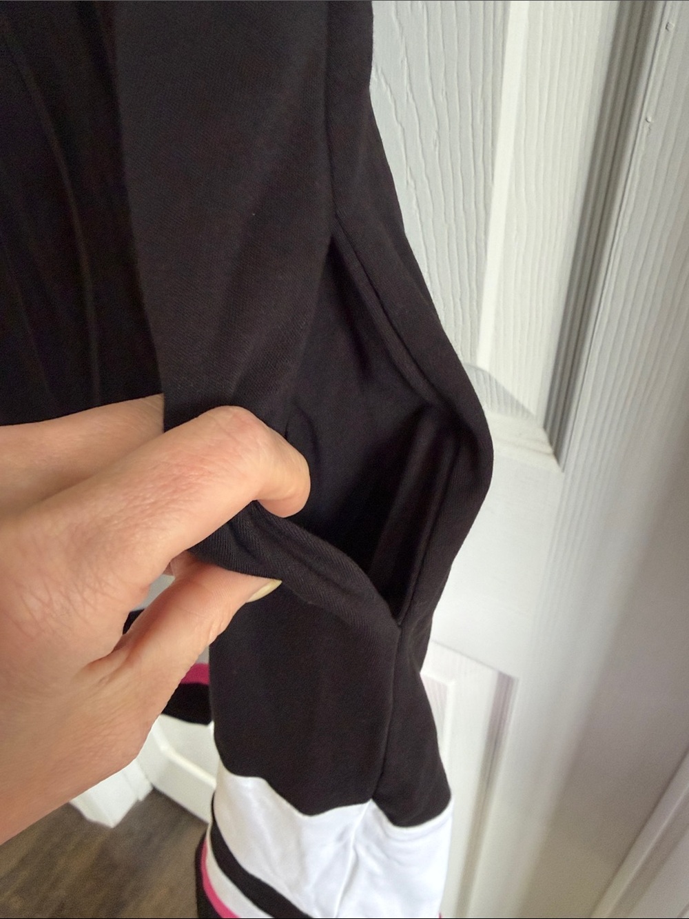 NWT New York & Company Black Mini Dress with White and Pink Hem Stripes - Picture 5 of 9